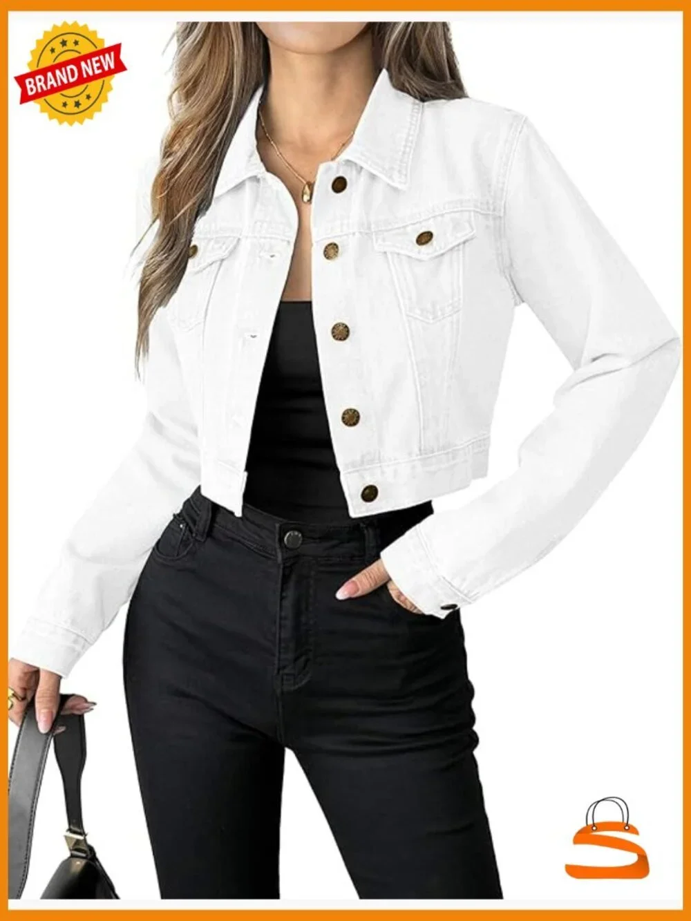 Cropped Denim Jean Jacket with Pockets Long Sleeve Button Down